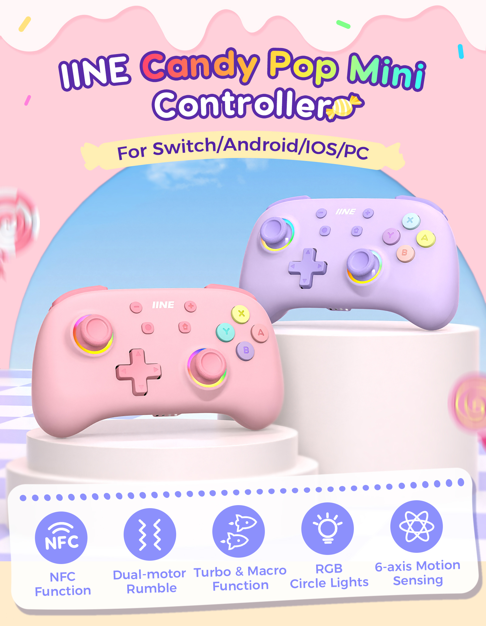 IINE Candy Pop ミニコントローラー Switch/PC/iOS/Android/Pad 用、NFC & ターボ&マクロ機能